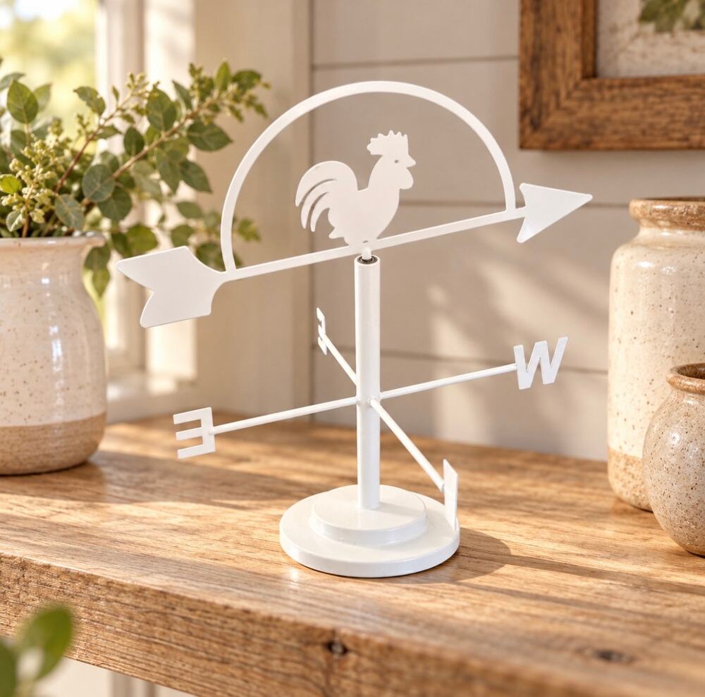 Rooster Weather Vane Tabletop Decor White Metal Farmhouse Country 9”